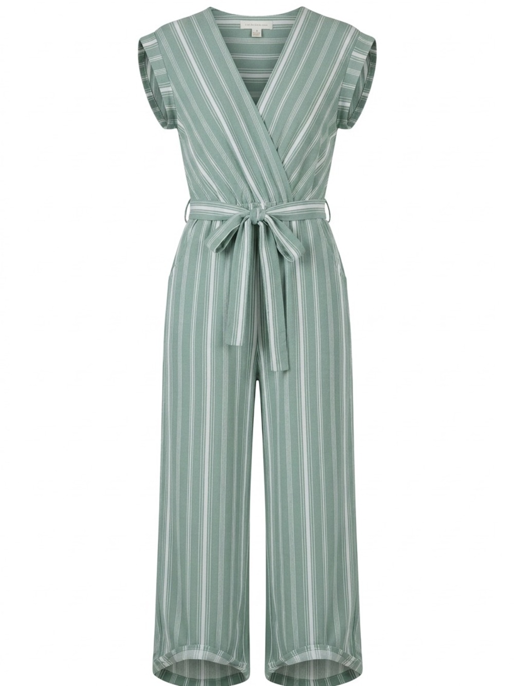 Sage Green Striped Wrap Jumpsuit with Tie Waist